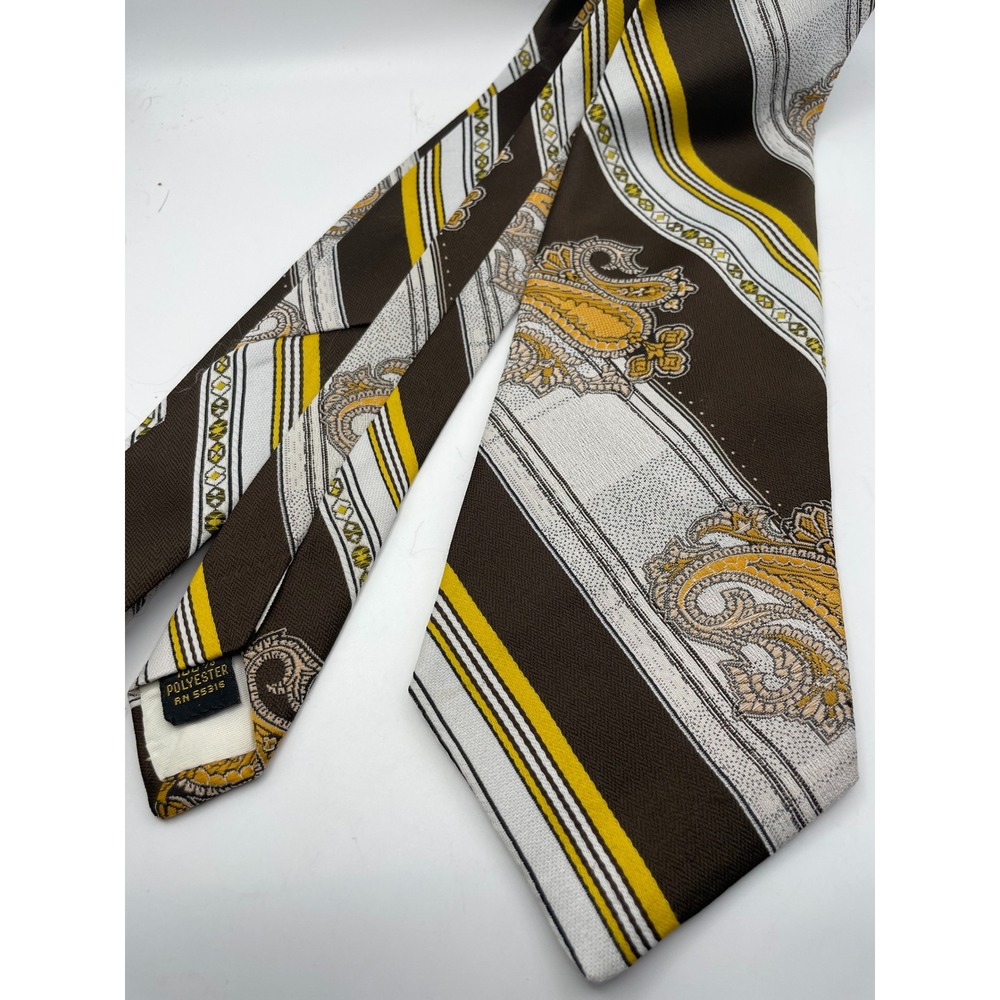 Vintage Pa-Ka Mens Tie Brown Yellow Paisley Striped 70s Retro Polyester Wide